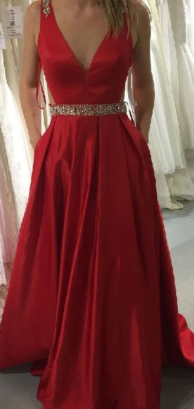 empire waist evening dress-V Neck Long Prom Dresses with Pockets