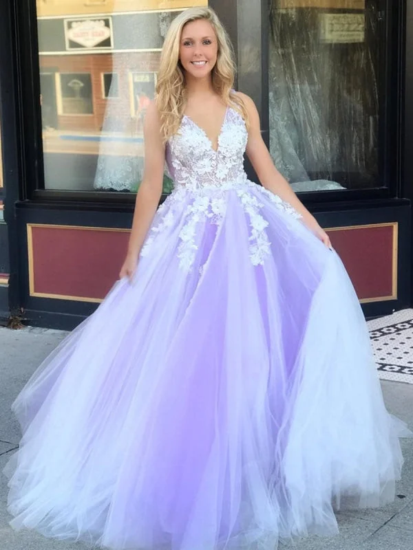 elegant cocktail evening gown-V Neck Open Back White Lace Appliques Top Purple Tulle Long Prom Dresses, Lace Purple Formal Dresses, Evening Dresses