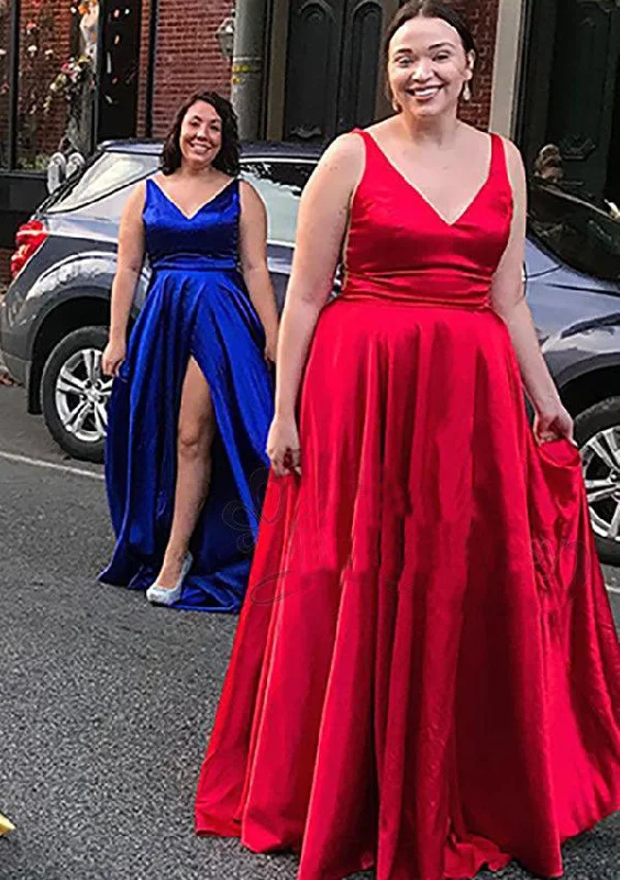 satin evening dress-V Neck Royal Blue/Red Long Prom Dresses with Split Side