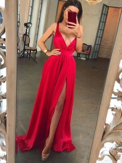 evening gown for prom-V Neck Slit Side Long Prom Dresses Under 100