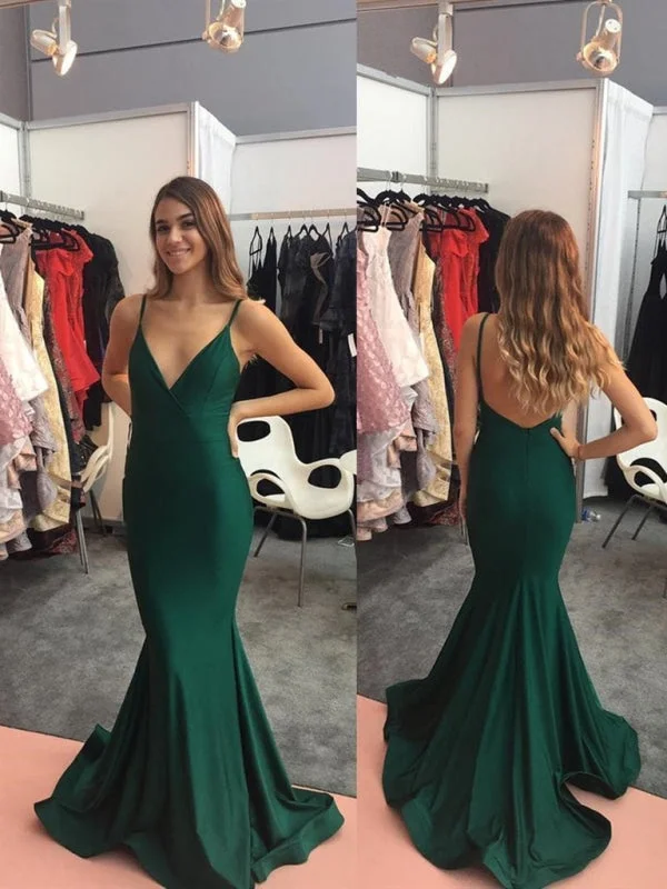 evening dress with bow detail-V Neck Spaghetti Straps Mermaid Backless Satin Emerald Green Long Prom, Emerald Green Formal, Evening