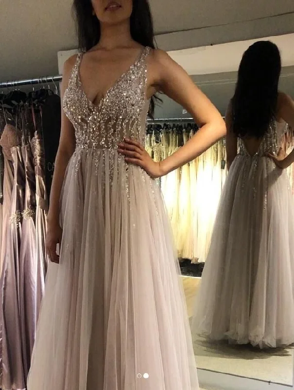 sparkly evening gown-V Neck Tulle Prom Dresses with Sequins