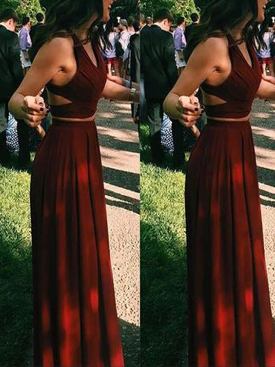 scalloped hem evening gown-V Neck Two Piece Burgundy Prom Dresses