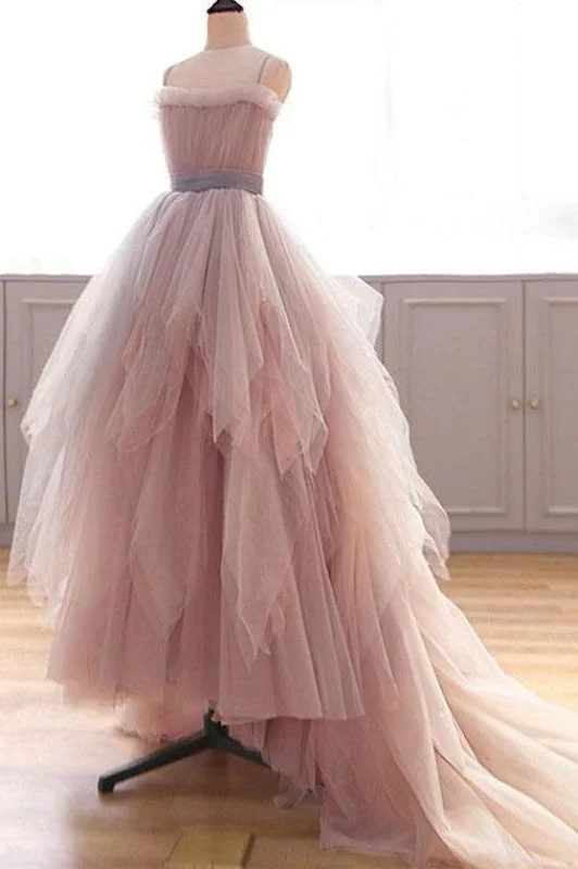 evening gown with embroidery-Vintage A Line Spaghetti Straps Blush Prom Puffy Ruffles Party Dresses