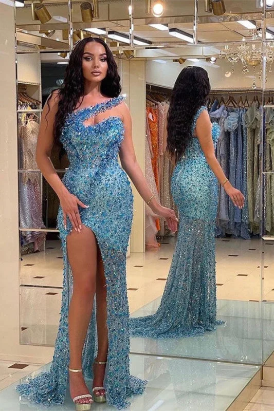 elegant evening wear-Vintage Blue Beadings Strapless Mermaid Prom Dress with Split