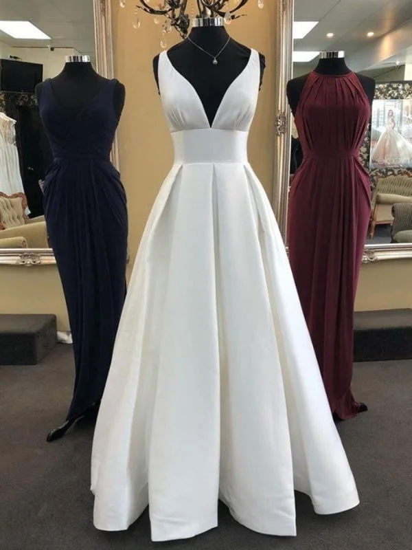 elegant formal evening dress-White A Line V Neck Satin Long Prom, V Neck White Evening, White Formal