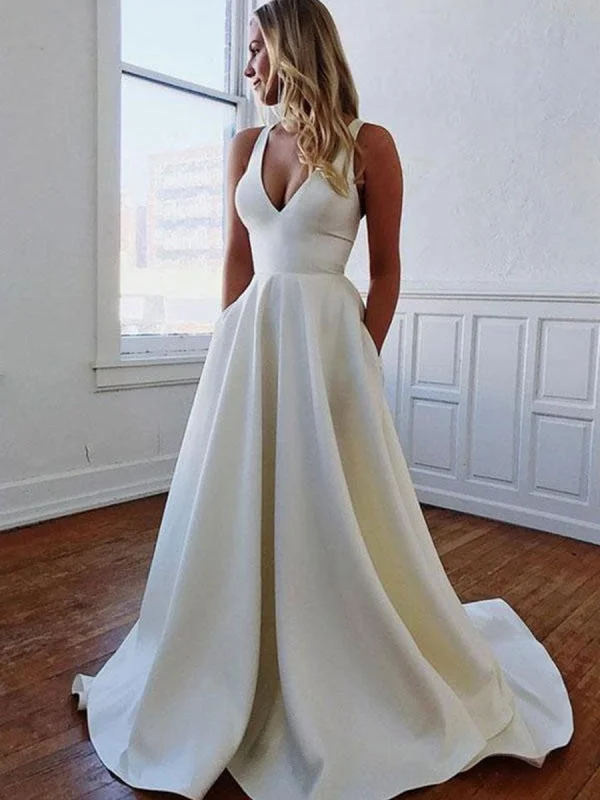 sequined formal evening gown-White A Line V Neck Satin Long Prom with Bowknot Back, V Neck White Formal, Evening