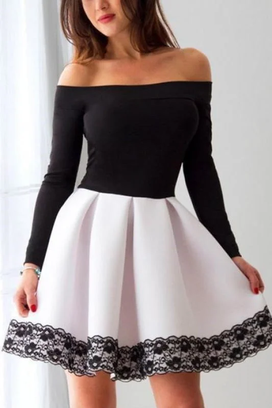 black lace evening gown-White and Black Off Shoulder Homecoming Lace Short Prom Dress with Sleeve