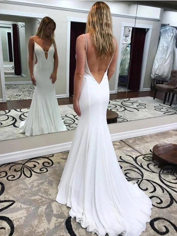 elegant evening wear-White Deep V Neck Mermaid Backless Long Prom with Sweep Train, White Backless Formal, White Evening