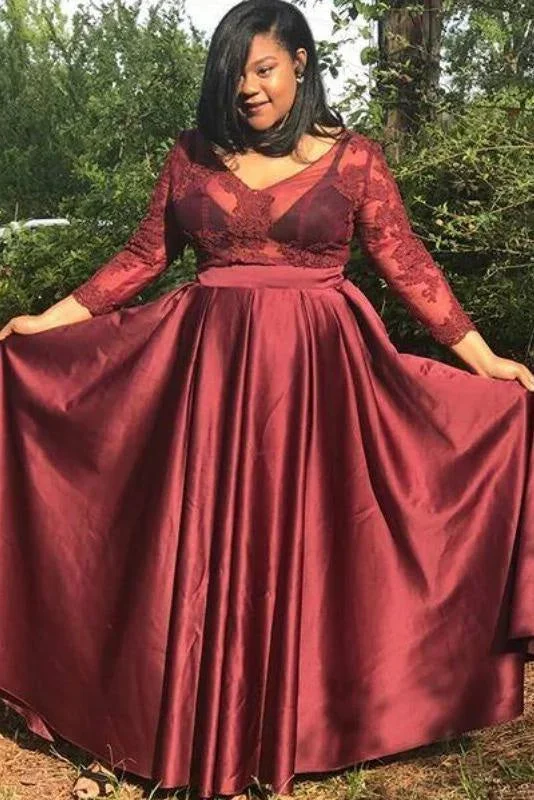 evening dress with plunging neckline-Wonderful Elegant Fascinating A Line V Neck Satin Prom with 3/4 Sleeves Floor Length Appliques Plus Size Dress