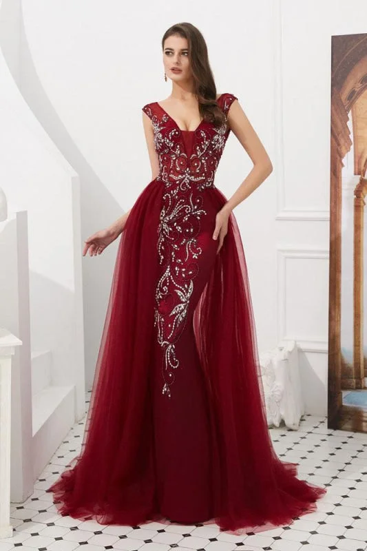 sweetheart neckline evening gown-Wonderful Fabulous Burgundy V Neck Sleeveless Tulle Long Prom Dress with Beads Crystal