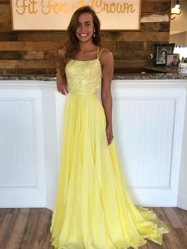 empire waist evening dress-Yellow A Line Backless Sequins Chiffon Long Prom Dresses, Yellow Formal Dresses, Evening Dresses