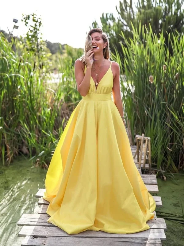 classic black evening dress-Yellow A Line V Neck Backless Satin Long Prom, Yellow V Neck Graduation, Yellow Long Evening