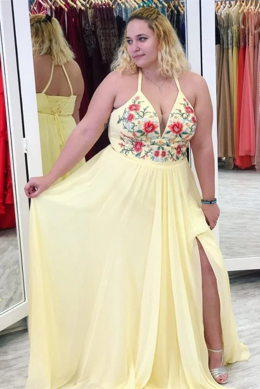 draped evening dress-Yellow Halter Appliques Plus Size Prom with Slit A Line V Neck Sleeveless Party Dress