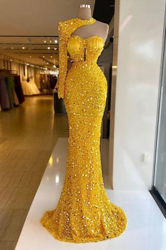 lace evening dress-Yellow Halter One Shoulder Long Sleeve Mermaid Prom Dress with Sequins