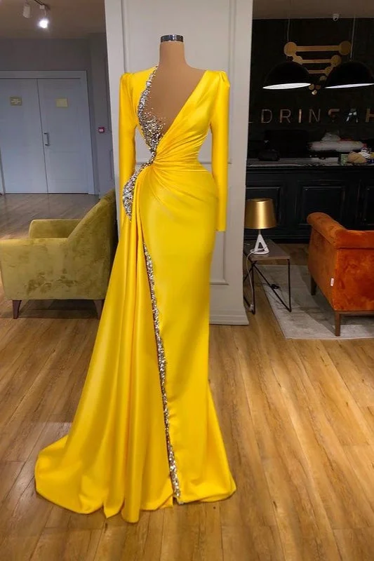 sleeveless evening dress-Yellow Long Sleeves Prom Dress with Beads and Sequins