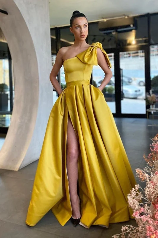 cap sleeve evening gown-Yellow One-Shoulder Prom Dress Split with Pockets