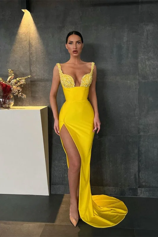 off-the-shoulder evening gown-Yellow Sequin Straps Mermaid Prom Dress with Slit