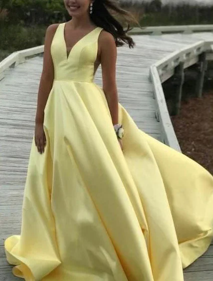 illusion neckline evening dress-Yellow V Neck Long Prom Dresses Evening Gowns