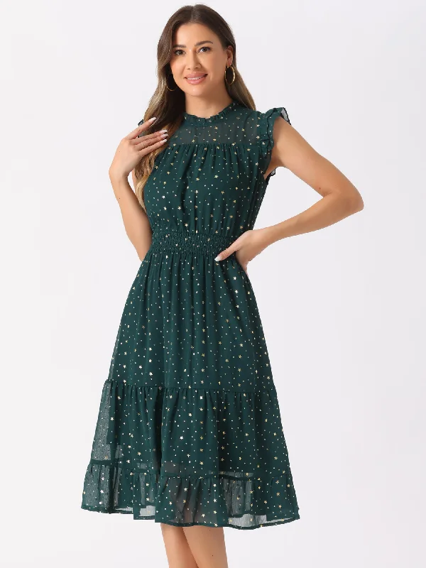 fit and flare cocktail dress-Chiffon Sleeveless Smocked Waist Gilding Metallic Stars Party Dress