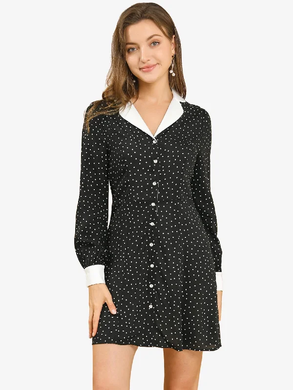 formal cocktail dress-Polka Dots Peter Pan Contrast Collar Party Shirt Dress