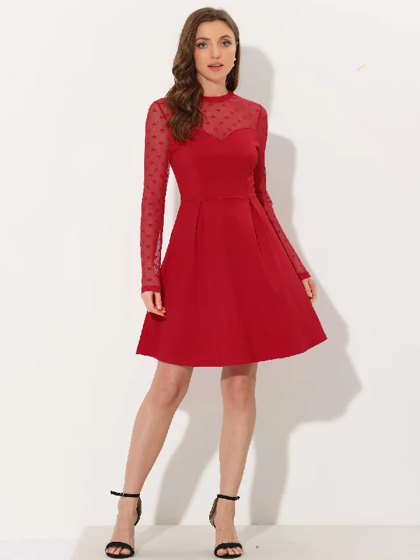 embroidered cocktail dress-Party Heart Mesh Sheer Sleeve Crew Neck Skater Short Dress